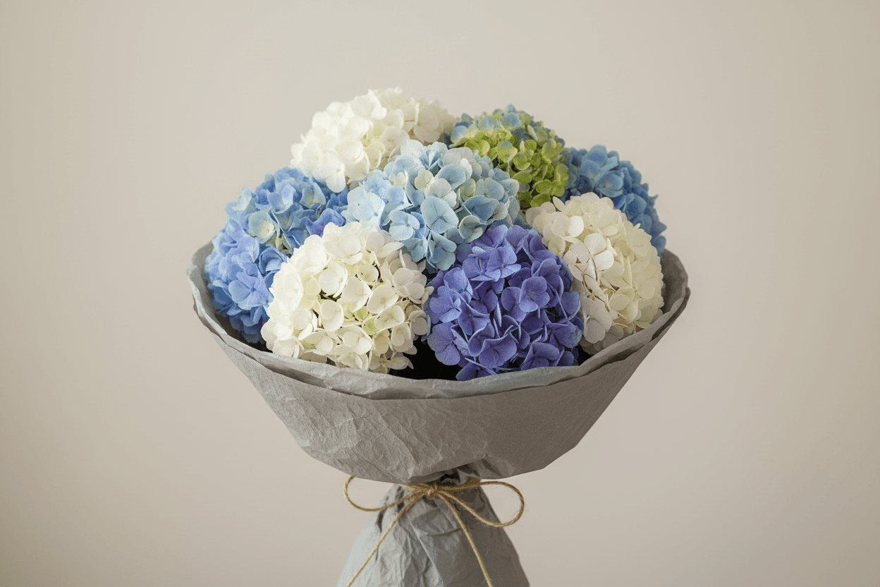 Buket hydrangea biru dan putih